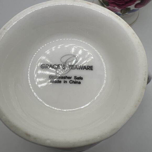 Lot Set of 2 Grace's Teaware Floral Coffee Cup Mug Pink/Blue Flowers Footed Base - Picture 5 of 8